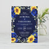 Royal Blue Rustic Sunflower Geometric Wedding Inv Einladung (Stehend Vorderseite)