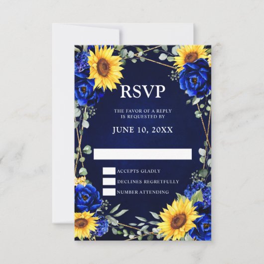 Royal Blue Rustic Sunflower Geometric Wedding RSV RSVP Karte (Vorderseite)