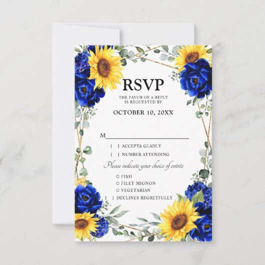 Royal Blue Rustic Sunflower Geometric Wedding RSVP Karte (Vorderseite)