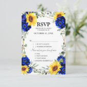 Royal Blue Rustic Sunflower Geometric Wedding RSVP Karte (Stehend Vorderseite)