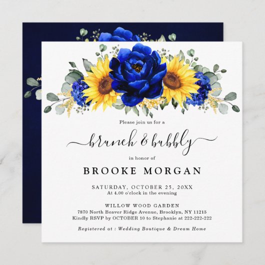 Royal Blue Rustic Sunflower Modern Brunch & Bubbly Einladung (Vorne/Hinten)