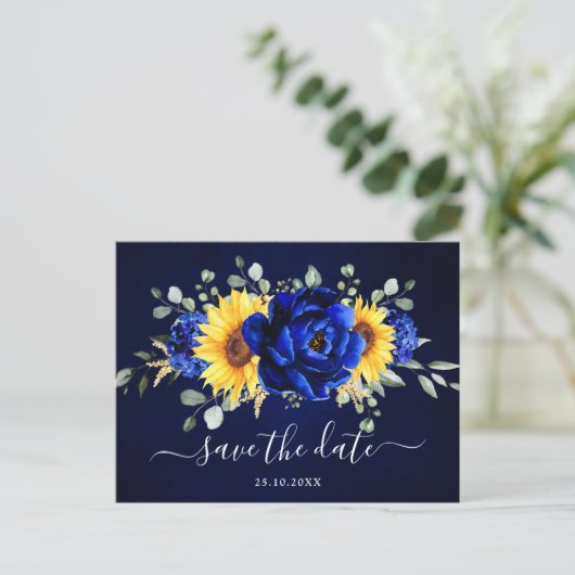 Royal Blue Rustic Sunflower Modern Save the Date P Postkarte (Stehend Vorderseite)