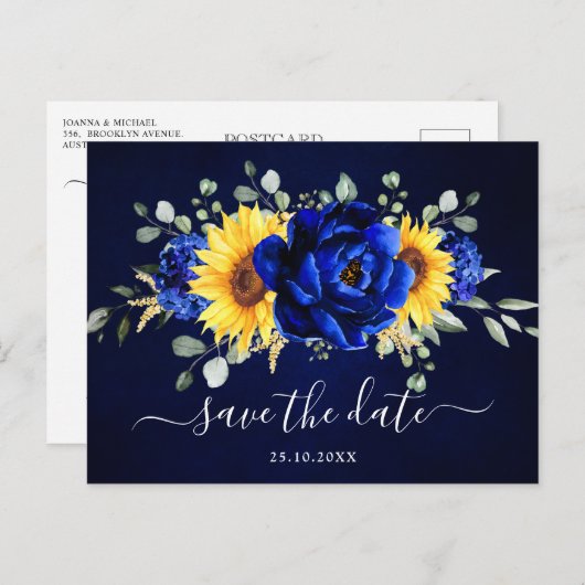 Royal Blue Rustic Sunflower Modern Save the Date P Postkarte (Vorne/Hinten)