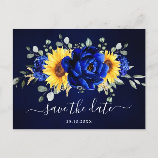 Royal Blue Rustic Sunflower Modern Save the Date P Postkarte (Vorderseite)