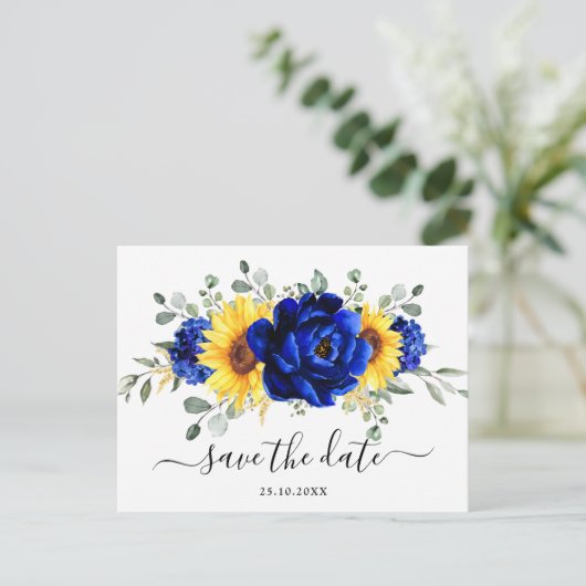 Royal Blue Rustic Sunflower Modern Save the Date Postkarte (Stehend Vorderseite)