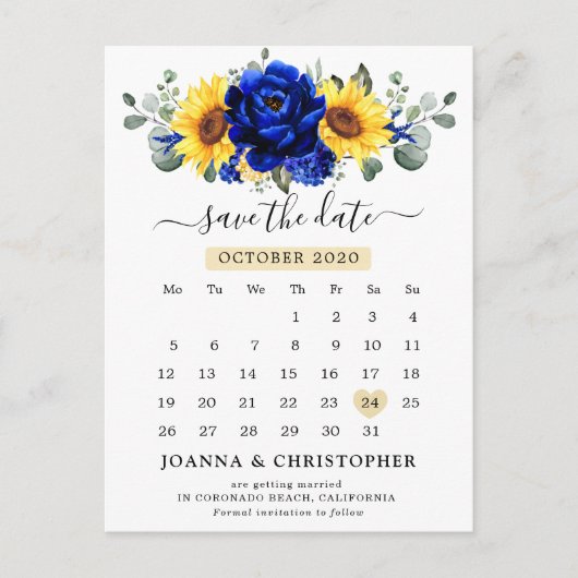 Royal Blue Rustic Sunflower Modern Save the Date Postkarte (Vorderseite)