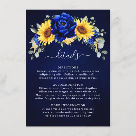 Royal Blue Rustic Sunflower Modern Wedding Details Begleitkarte (Vorderseite)