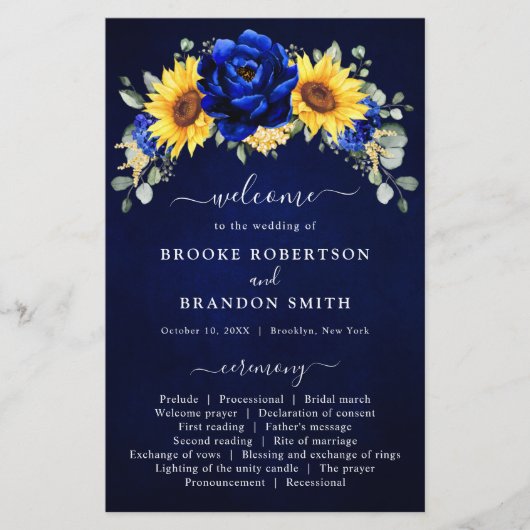 Royal Blue Rustic Sunflower Modern Wedding Program (Vorderseite)