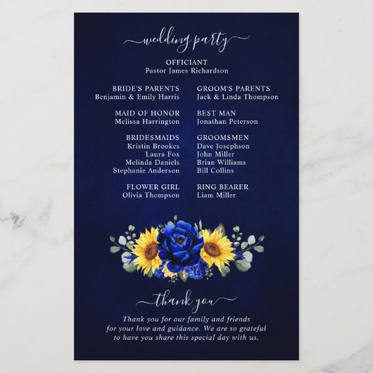 Royal Blue Rustic Sunflower Modern Wedding Program (Rückseite)
