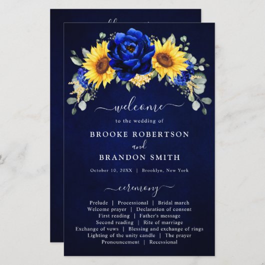 Royal Blue Rustic Sunflower Modern Wedding Program (Vorne/Hinten)