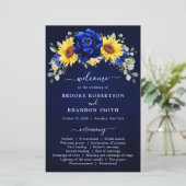Royal Blue Rustic Sunflower Modern Wedding Program (Stehend Vorderseite)