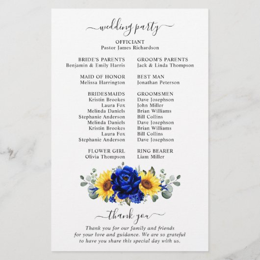 Royal Blue Rustic Sunflower Modern Wedding Program (Rückseite)