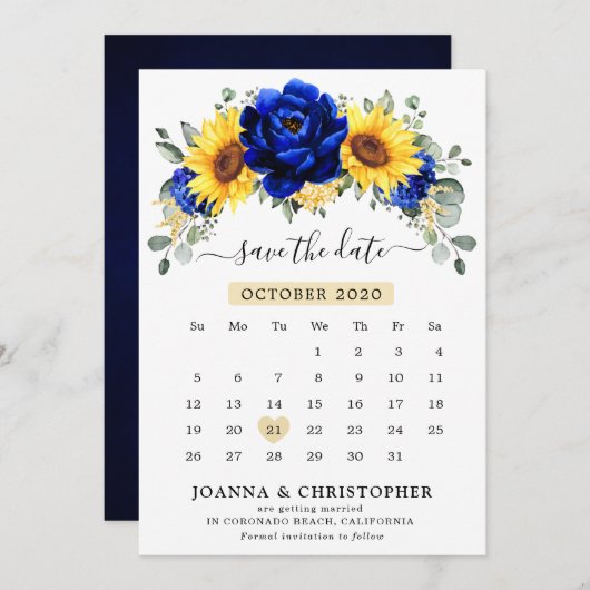 Royal Blue Rustic Sunflower Moderner Blumenkalende Save The Date (Vorne/Hinten)