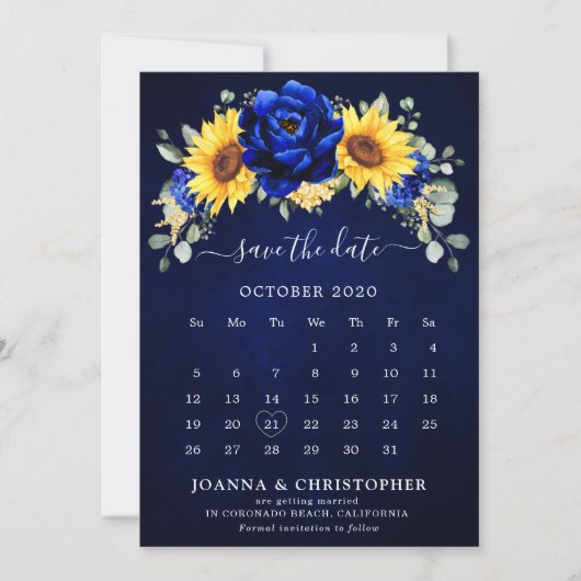 Royal Blue Rustic Sunflower Moderner Blumenkalende Save The Date (Vorderseite)