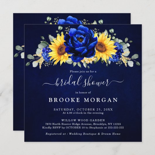 Royal Blue Rustic Sunflower Modernes Brautparty I Einladung (Vorne/Hinten)