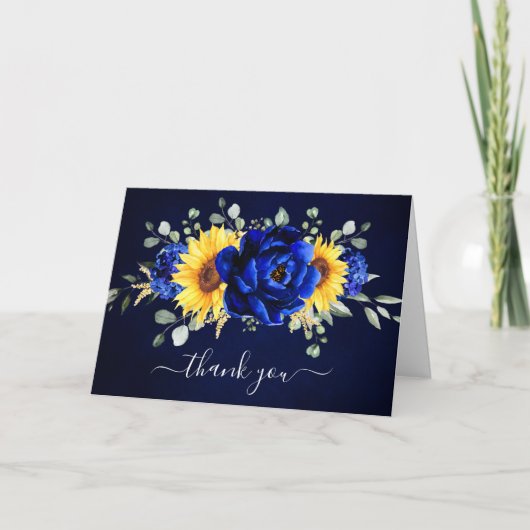 Royal Blue Rustic Sunflower Modernes Brautparty T Dankeskarte (Vorderseite)