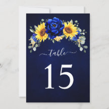 Royal Blue Rustic Sunflower Tischnummer Card