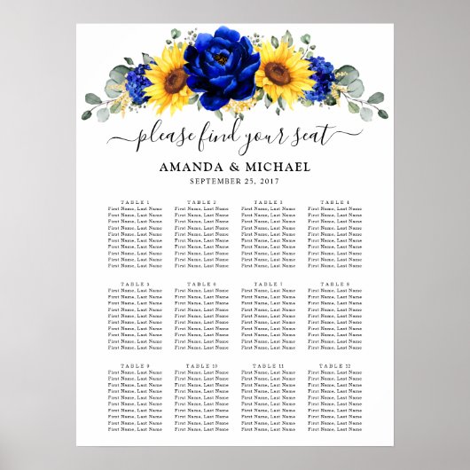 Royal Blue Rustic Sunflower Wedding Chart Poster (Vorne)