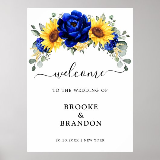 Royal Blue Rustic Sunflower Wedding Willkommenspen Poster (Vorne)