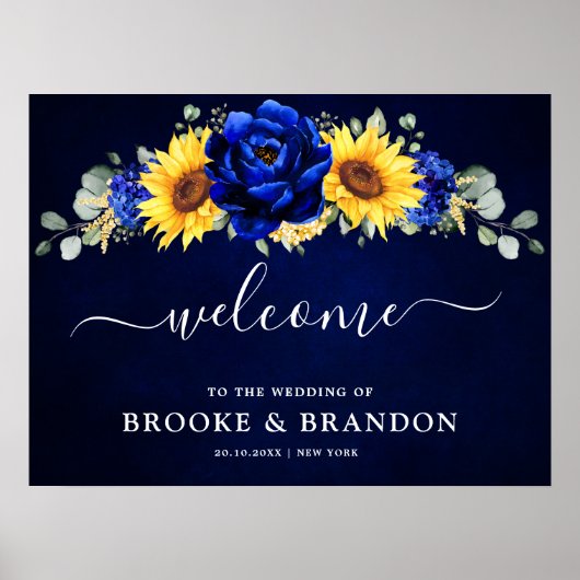 Royal Blue Rustic Sunflower Wedding Willkommenspen Poster (Vorne)