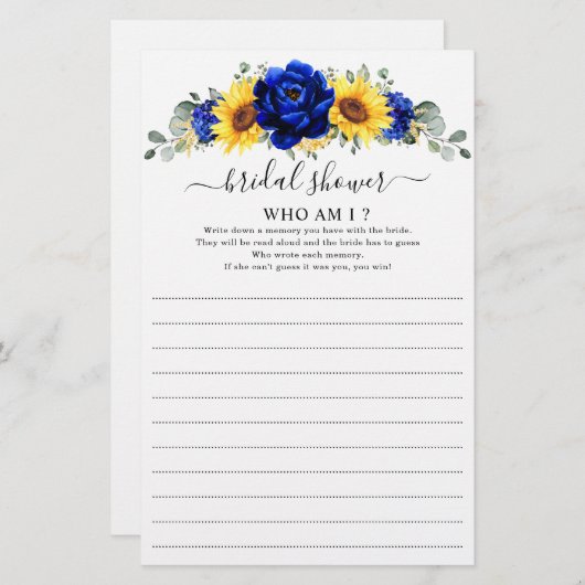 Royal Blue Rustic Sunflower Who I Game (Vorne/Hinten)