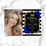 Royal Blue Schwarz-weiß Stripes Foto 50. Geburtsta Einladung<br><div class="desc">Elegante florale feminine 50. Geburtstagseinladung mit Ihrem Foto. Glam Schwarz-weißes königsblaues Design mit Imitaten Glitzer Gold. Enthält schwarz-weiße Streifen,  saphir-blaue Rose,  Skript-Schriftart und Konfetti. Ideal für ein stilvolles Party für Erwachsene. Personalisieren Sie Ihre persönlichen Daten. Kann für jedes Alter angepasst werden! Gedruckte Zazzle Einladungen oder Sofortdownload digitalen druckbaren Vorlage.</div>