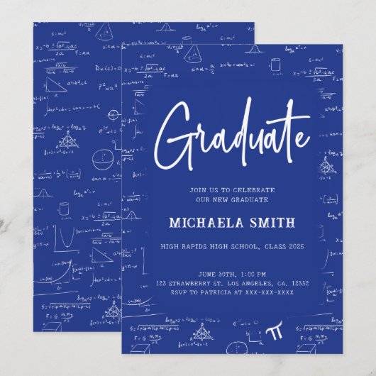 Royal Blue Script Graduate Math Abschluss Einladung (Vorne/Hinten)