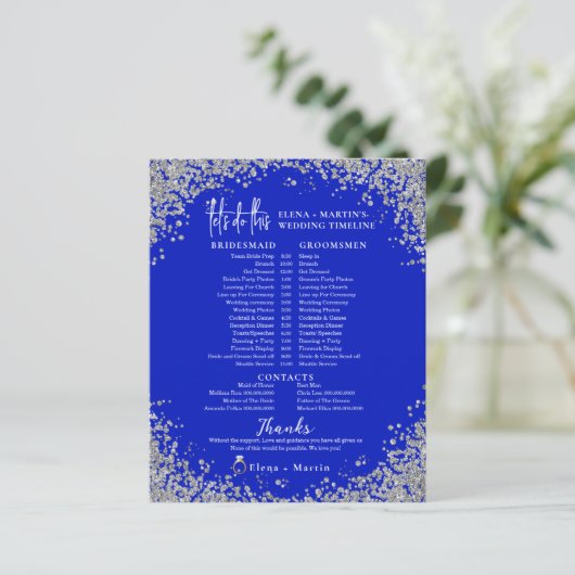 Royal Blue Script Text Wedding Day Timeline (Stehend Vorderseite)