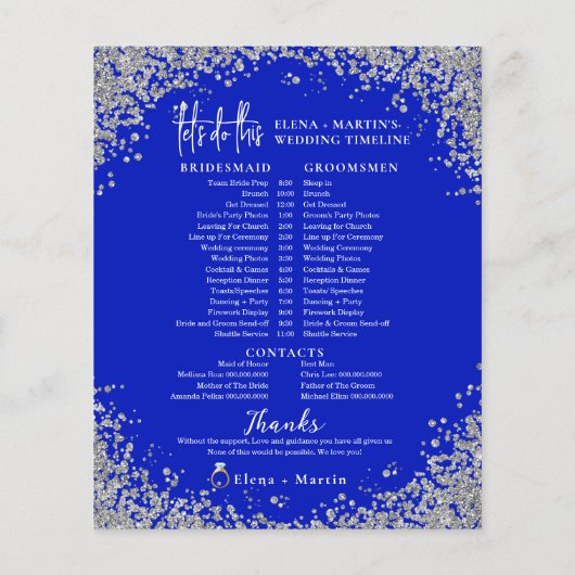 Royal Blue Script Text Wedding Day Timeline (Rückseite)