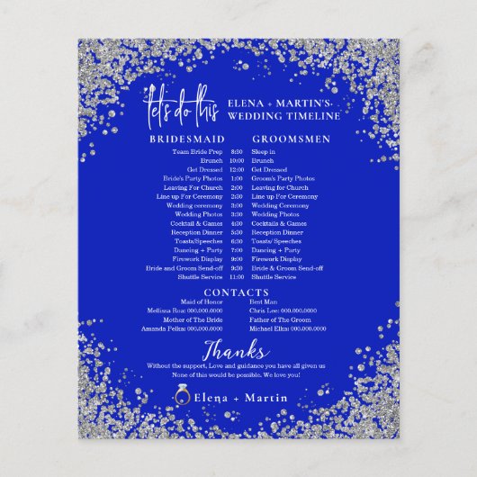 Royal Blue Script Text Wedding Day Timeline (Vorderseite)