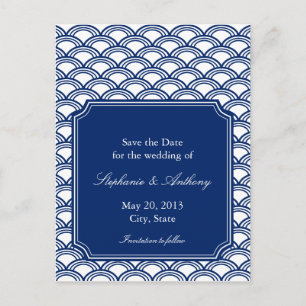 Royal Blue Seigaiha Pattern Wedding Save the Date Ankündigungspostkarte