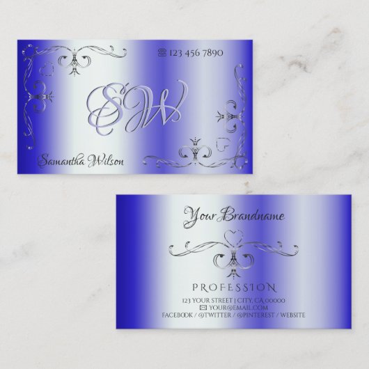 Royal Blue Shimmery Verziert Corner Border Initial Visitenkarte (Vorne/Hinten)