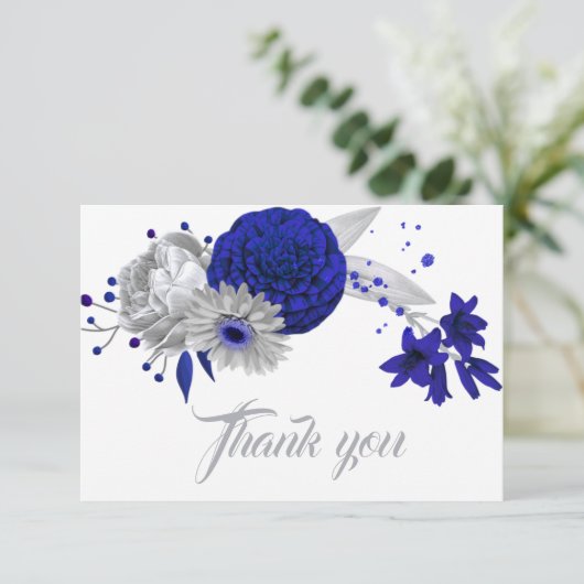 Royal Blue silber Blume danke Ihnen Karte (Stehend Vorderseite)