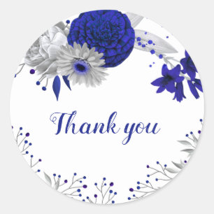 Royal Blue & Silber Blume Vielen Dank Runder Aufkleber