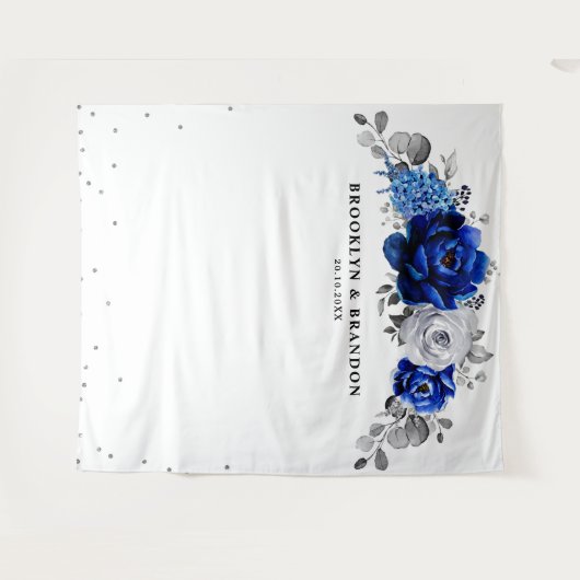 Royal Blue Silber Metallic Floral Wedding Wandteppich (Vorderseite (Horizontal))