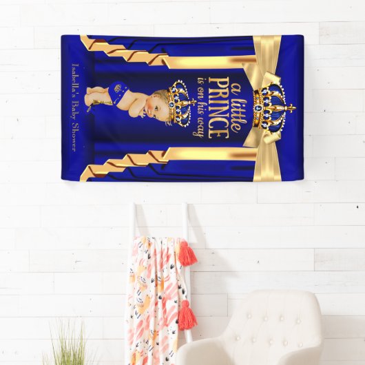 Royal Blue Silk Gold Crown Baby Dusche Blonde Banner (Insitu)