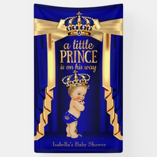 Royal Blue Silk Gold Crown Baby Dusche Blonde Banner (Vertikal)