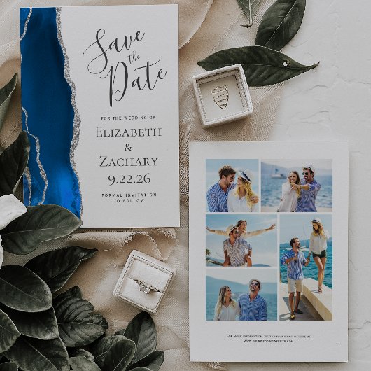 Royal Blue Silver Agate 5-Foto Save the Date Einladung