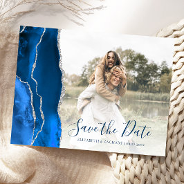 Royal Blue Silver Agate Custom Photo Save the Date Postkarte