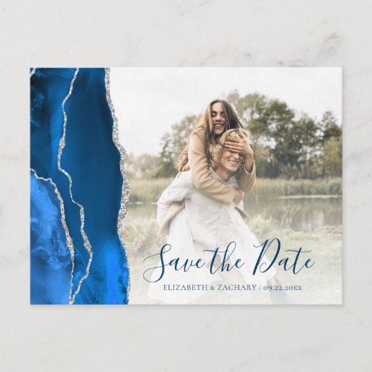 Royal Blue Silver Agate Custom Photo Save the Date Postkarte (Vorderseite)