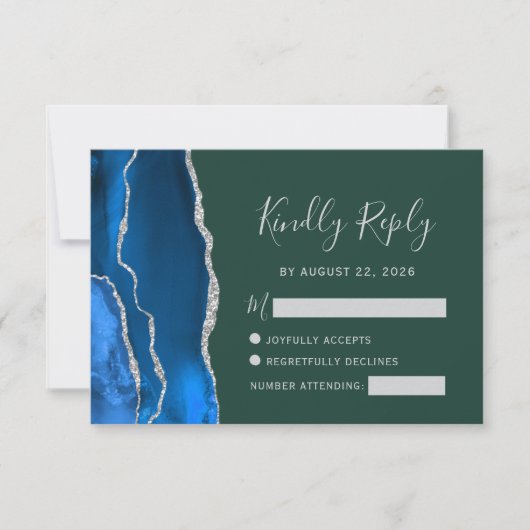 Royal Blue Silver Agate Emerald Green Wedding RSVP Karte (Vorderseite)