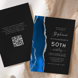 Royal Blue Silver Agate QR Code 50. Geburtstag Einladung