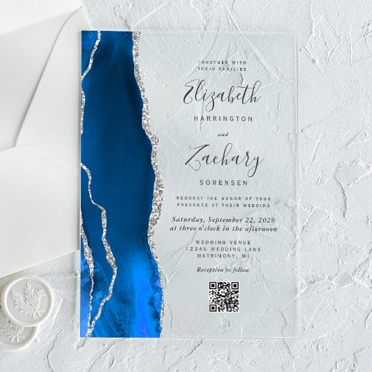 Royal Blue Silver Agate QR Code Wedding Acryleinladungen