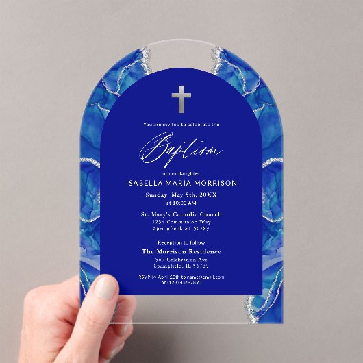 Royal Blue Silver Agate Taufe Modernes Elegantes Acryleinladungen (Insitu (Handheld))