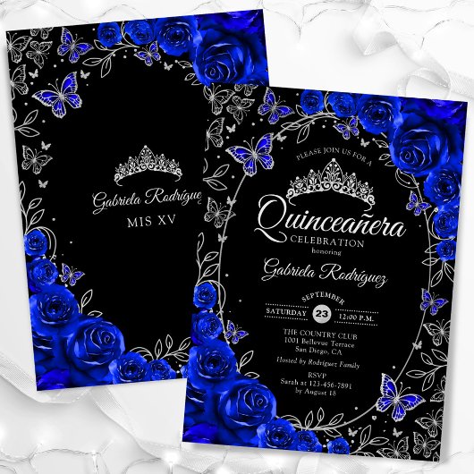 Royal Blue Silver Black Quinceanera Einladung