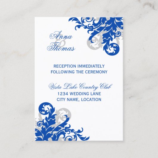 Royal Blue Silver Blühe Hochzeitsempfang Begleitkarte (Vorderseite)