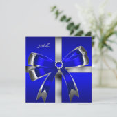Royal Blue Silver Bow 30. Jewel Birthday Party Einladung (Stehend Vorderseite)