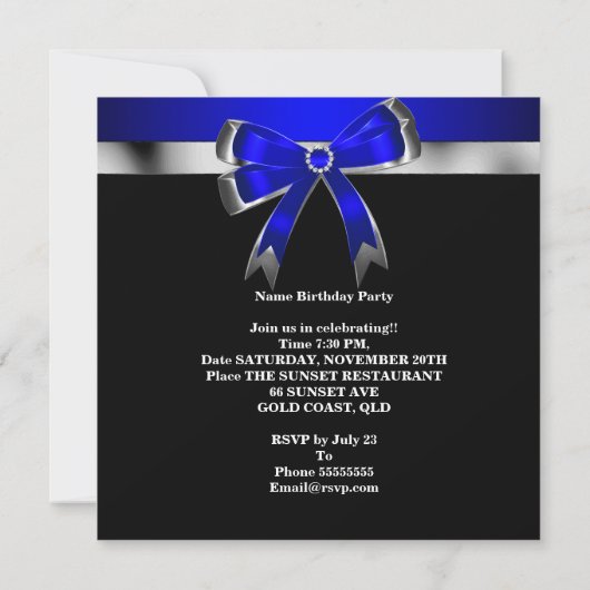 Royal Blue Silver Bow 30. Jewel Birthday Party Einladung (Rückseite)