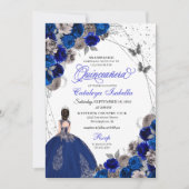 Royal Blue Silver Butterfly Princess Quinceanera Einladung (Vorderseite)