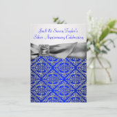Royal Blue Silver Damask Silver 25-jähriges Besteh Einladung (Stehend Vorderseite)